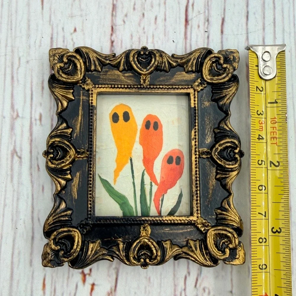 Miniature Ornate Ghost Art Print Black Gold Gothic Halloween Frame 3.5in Decor